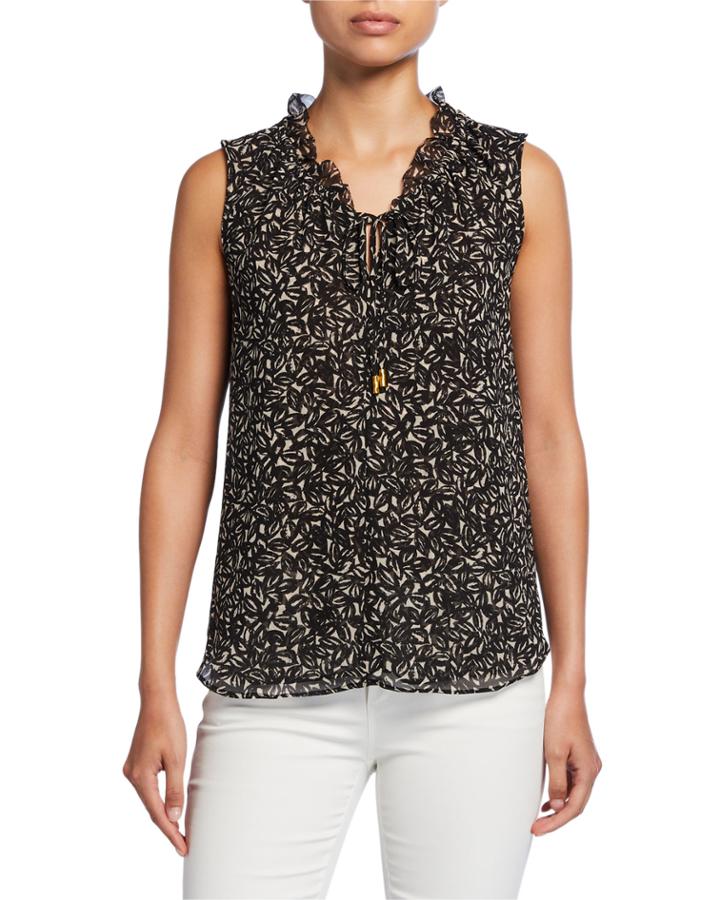 Chiffon Leaf-print Ruffle Blouse