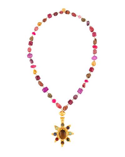 Long Multihued Beaded Sunburst Pendant Necklace