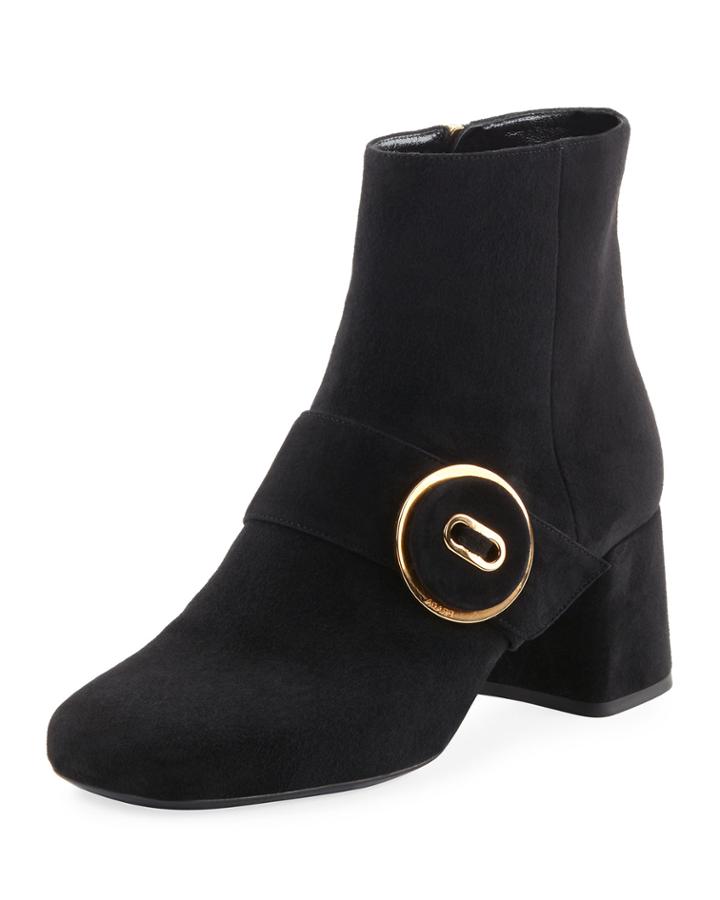 Suede Block-heel Button Bootie, Black