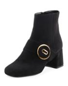 Suede Block-heel Button Bootie, Black