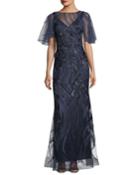 Flutter-sleeve Embroidered Mesh Evening Gown
