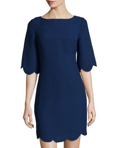 Scallop-trim Crepe Dress, Navy