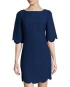 Scallop-trim Crepe Dress, Navy