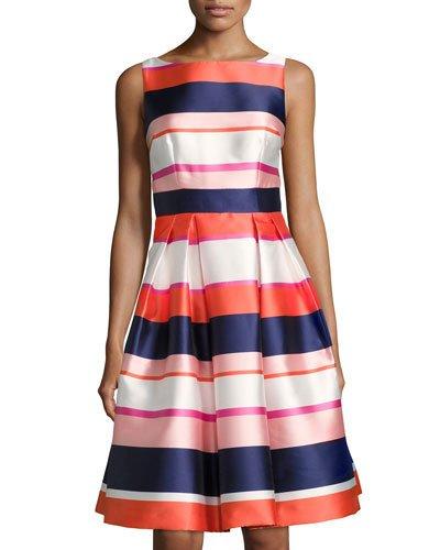 Striped Satin Fit & Flare Dress, Pink Pattern