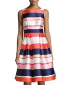 Striped Satin Fit & Flare Dress, Pink Pattern