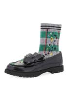 Leather Bow Loafer W/sock Inset, Black