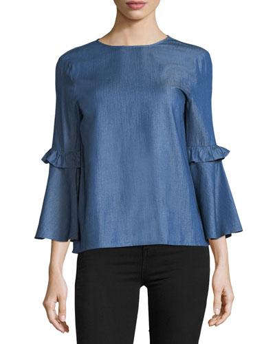 Chambray Ruffle-sleeve Top