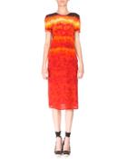 Rolled Short-sleeve Silk Tie-dye Dress, Ceramic Orange