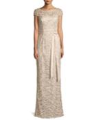 Cap-sleeve Lace Illusion Gown