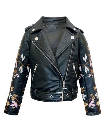 Girl's Faux Leather Floral Embroidery Jacket,