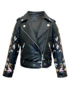 Girl's Faux Leather Floral Embroidery Jacket,