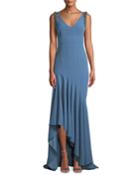 Crepe V-neck Gown W/ Beaded