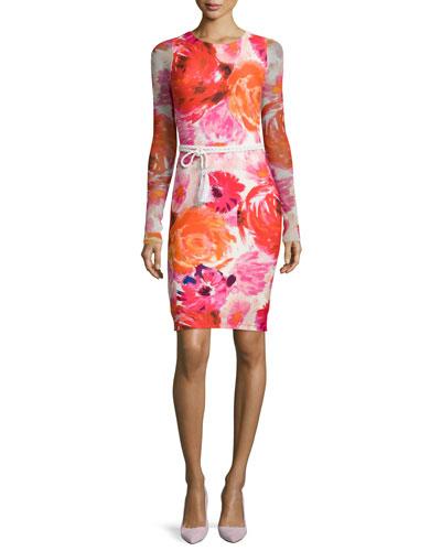 Long-sleeve Floral-print Body-conscious Dress