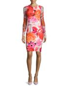 Long-sleeve Floral-print Body-conscious Dress
