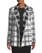 Open-front Plaid Eyelash Knit Cardigan
