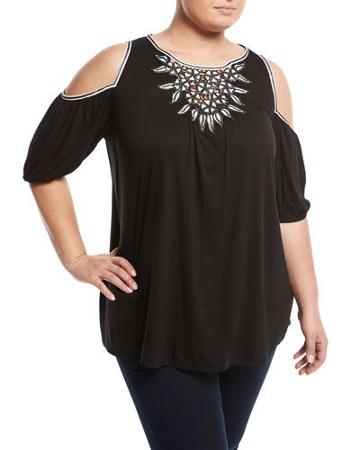 Embroidered-yoke Cold-shoulder Blouse, Black/white,