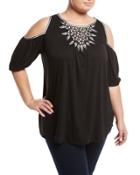 Embroidered-yoke Cold-shoulder Blouse, Black/white,
