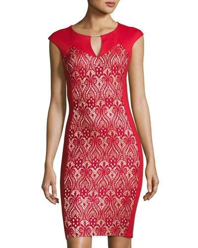 Lace-inset Cap-sleeve Sheath Dress, Red
