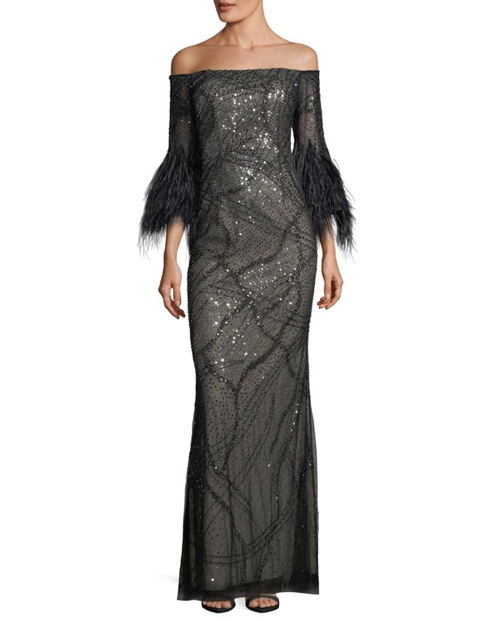 Off-the-shoulder Sequined Evening Gown