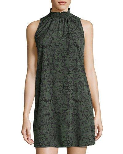 Smocked-neck Sleeveless Shift Dress, Forest