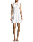 Sleeveless Crochet Cotton Dress W/ Embroidered Flowers, White