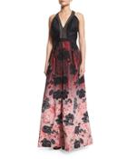 Sleeveless Floral Ombre Gown, Black/crimson
