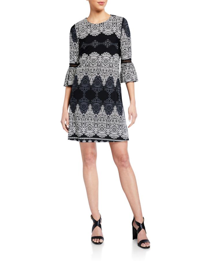Bell-sleeve Swing Puff Interlock Knit Border-print Dress