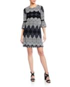 Bell-sleeve Swing Puff Interlock Knit Border-print Dress