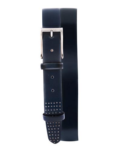 Studded-end Leather Belt, Navy