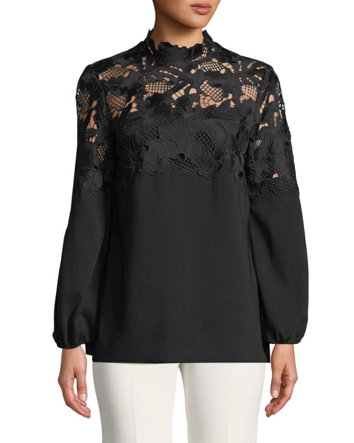 Lace-yoke Long-sleeve Blouse