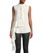 Mock-neck Sleeveless Button-front Asymmetric-ruffle