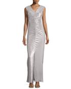V-neck Ruched Metallic Gown, Chrome