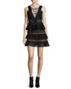 Sleeveless Tiered Lace-front Dress, Black