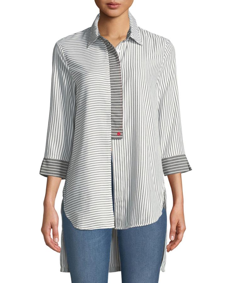 Striped Button-front High-low Blouse