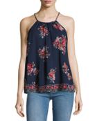 Gris Floral-print Silk Blouse, Navy