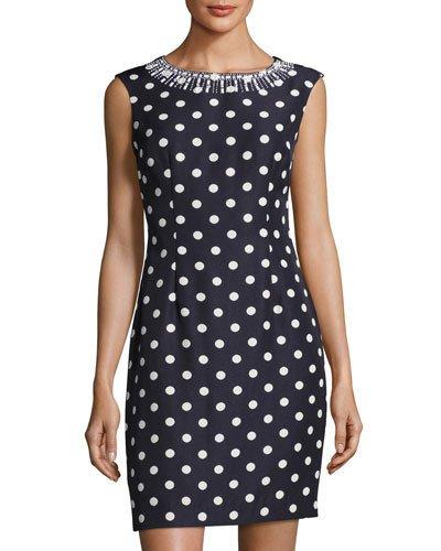 Bead-embellished Polka-dot Sheath Dress, Blue/white