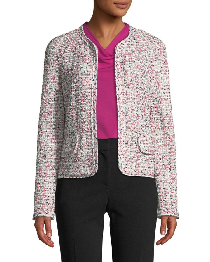 Modern Pointelle Tweed Knit Jacket W/ Braided Trim