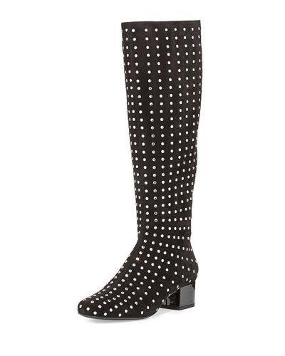 Suede Crystal-stud Knee Boot, Black