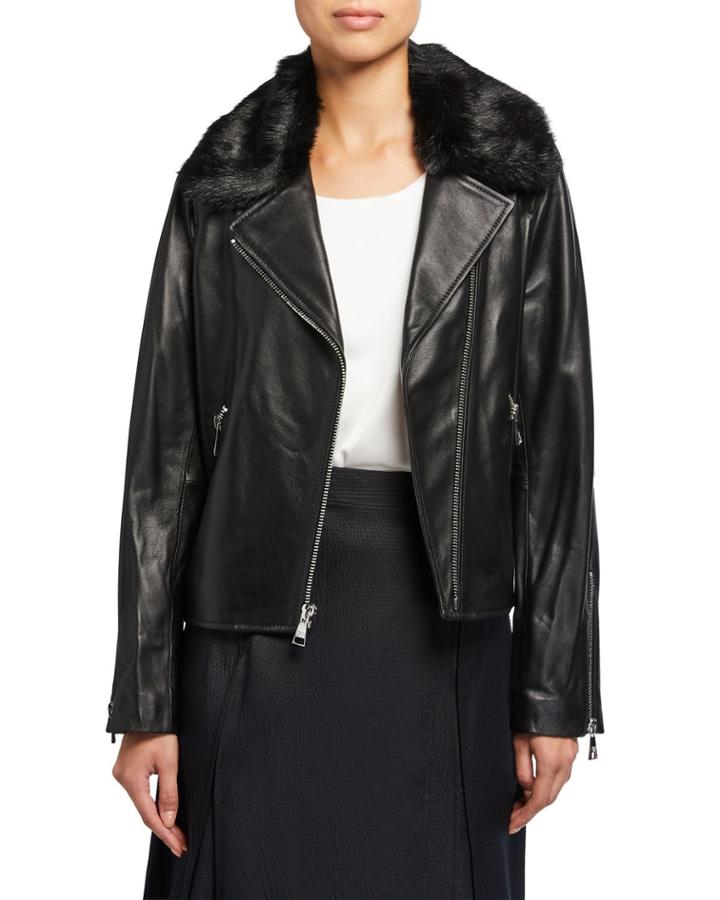 Leather Moto Jacket With Faux Fur Collar
