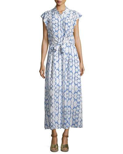 Printed Flutter-sleeve Maxi Dress, Blue Combo