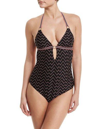 Zigzag Low-back One-piece Swimsuit, Black