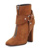 Suede Zip-front Ankle Bootie, Falcone