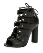 Lace-up Leather Open-toe 105mm Bootie, Black