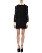 Long-sleeve Heavy Lace Crepe Dress W/ Contrast Collar & Cuffs