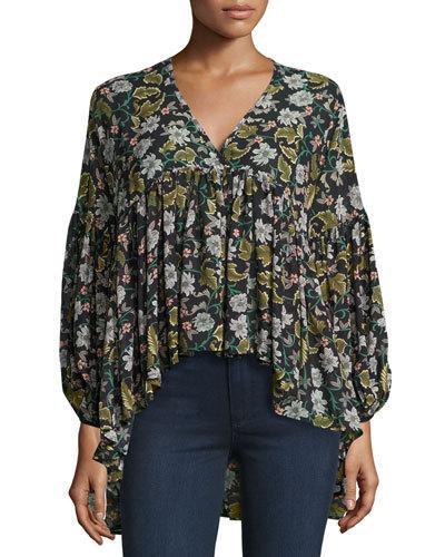 V-neck Floral-print Blouse, Black
