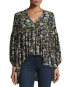 V-neck Floral-print Blouse, Black