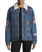 Faux-shearling-lined Embroidered Denim Jacket