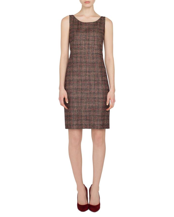 Sleeveless Round-neck Sheath Plaid Wool-silk Dress