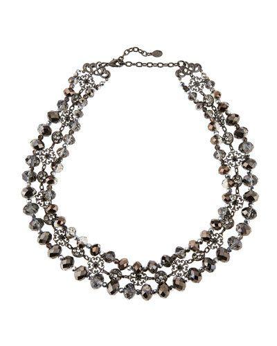 Gunmetal Triple-strand Filigree Crystal Necklace