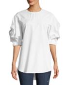 Cotton Elastic-sleeve Crewneck Top